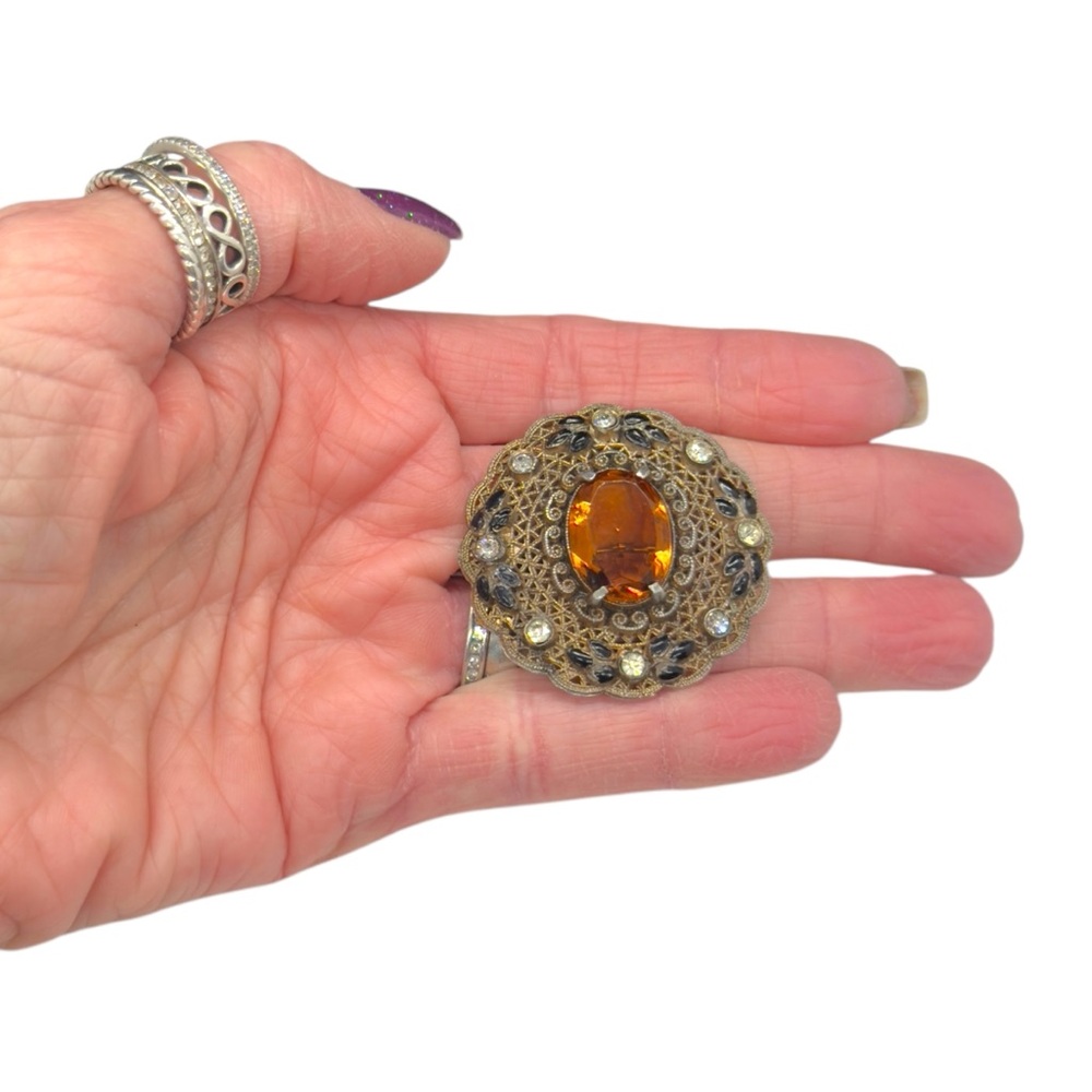 Vintage Czech Topaz Clear Paste & Enamel Filigree Brooch - Picture 4 of 5